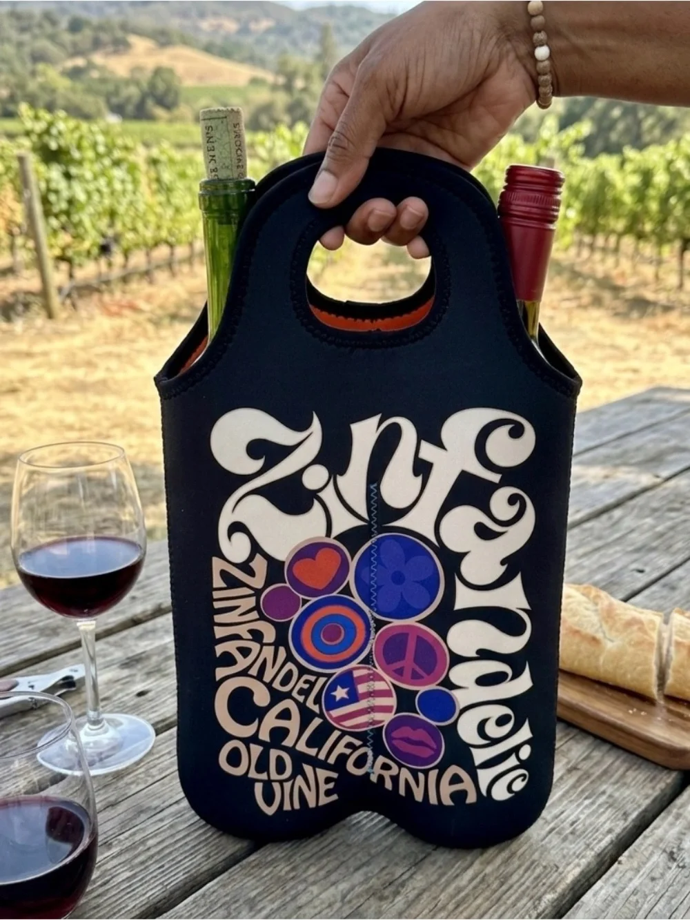 Retro Psychedelic Wine Tote Bag Neoprene 2 Bottle Cooler Carrier California